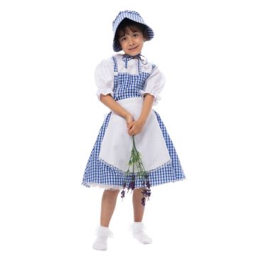 Girls blue gingham Victorian prairie dress with white puffed sleeves and matching bonnet