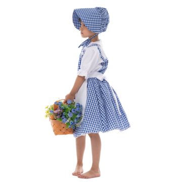 Girls Victorian Prairie Costume - Blue Gingham Dress with Bonnet and Apron