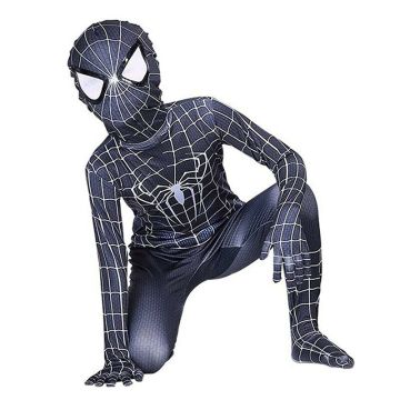 Kids Black Spider Superhero Costume with Muscle Print and Web Design