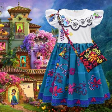 Girls Colombian Village Costume Dress with Floral Bag - Teal Embroidered Princess Outfit