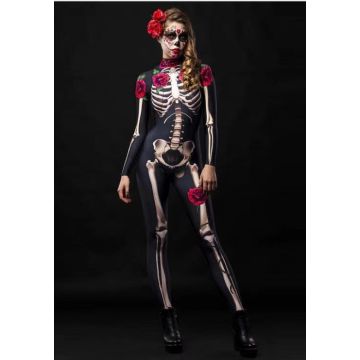 Womens Day of the Dead Skeleton Jumpsuit with Roses - Black Floral Bodysuit