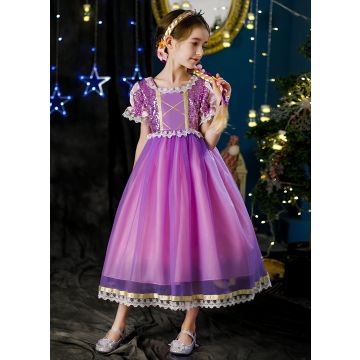 Girls Purple Tower Princess Dress - Long-Haired Fairytale Costume with Gold Lacing