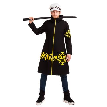 Adult anime surgeon pirate costume with black coat and spotted white hat