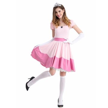 Womens Royal Pink Princess Costume - Pink Gaming Princess Dress with Crown and Gloves