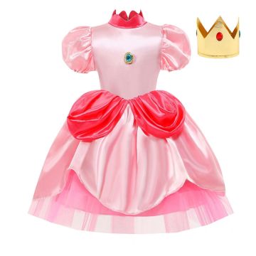 Girls Royal Pink Princess Costume - Pink Video Game Princess Dress with Crown