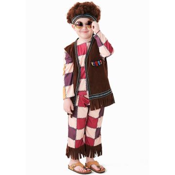 Boys Hippie Costume - 1960s 70s Patchwork Retro Set with Wig and Headband