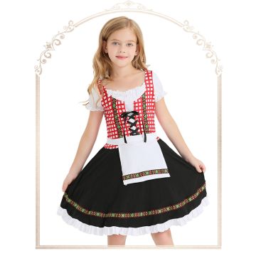 Girls Bavarian Dirndl Costume - Red Gingham Oktoberfest Dress with Apron