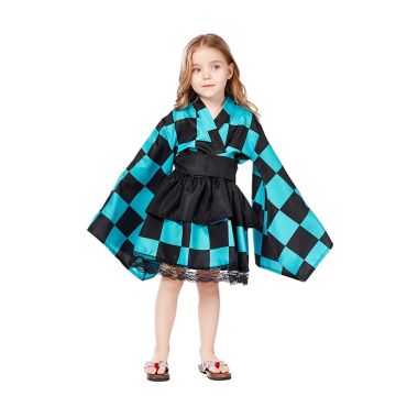 Girls Anime-Inspired Kimono Costume - Pink or Turquoise Dress Set with Obi Belt