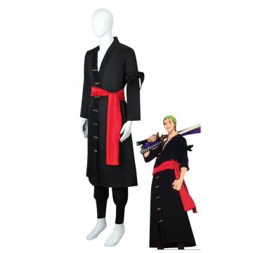 Adult Anime Swordsman Costume - Black Robe with Red Sash & Gold Closures