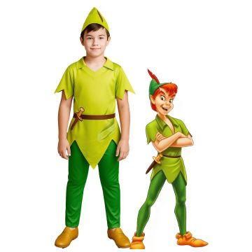 Kids woodland elf costume with lime-green tunic and pointed hat
