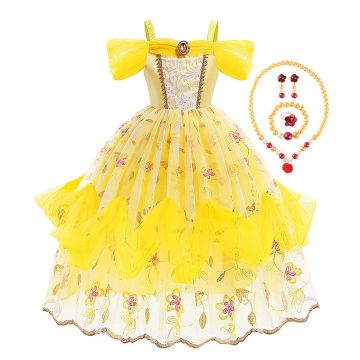 Girls Golden Princess Ball Gown Costume with Tiara & Jewelry Set