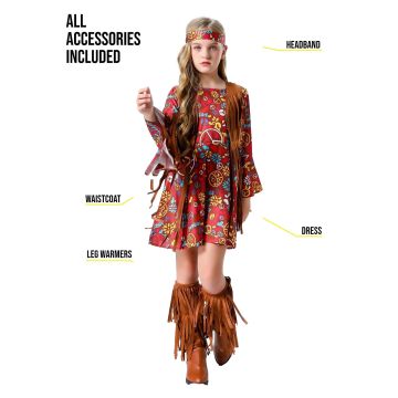 Girls 1960s Hippie Costume - 4-Piece Groovy Flower Power Outfit