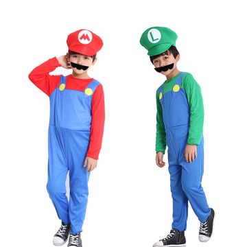 Green plumber brother costume with letter emblem cap and stretchy jersey jumpsuit
