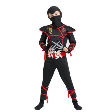 Child wearing full-body ninja jumpsuit with hood and martial arts accessories