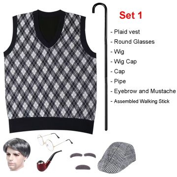 Kids 100 Days Grandpa Costume Set - Old Man Dress-Up Kit with Wig & Walking Stick