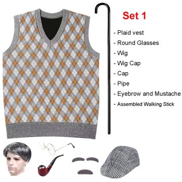 Kids Old Man Costume Set - Grandpa Dress Up with Wig & Walking Stick