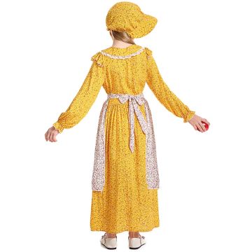 Girls Pioneer Prairie Dress Costume - Yellow Calico Settler Outfit with Bonnet