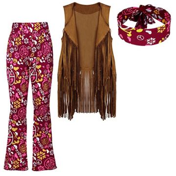 Womens 1970s hippie costume with burgundy floral bell-bottoms and tan fringe vest