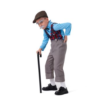 Child old man costume with light blue shirt, gray pants, plaid vest and flat cap