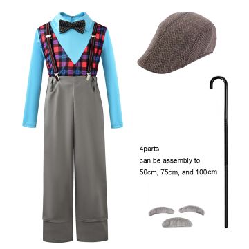 Child Old Man Costume - Kids Grandpa Outfit with Cap and Cane
