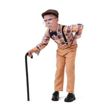 Kids grandpa costume 8-piece set with plaid shirt, suspenders, herringbone cap and walking stick for 100 Days of School