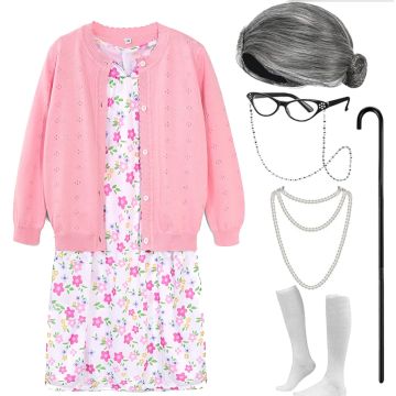 Kids Old Lady Costume with Wig Glasses Cane - 100 Days Grandma Dress Up Set
