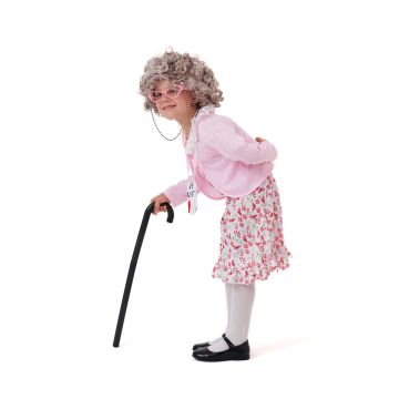 100 Days of School costume with floral dress, wig, and accessories laid flat