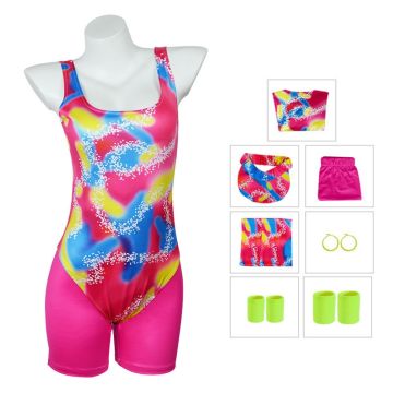 Womens 80s Sportswear Costume - Neon Aerobics Bodysuit with Visor & Accessories