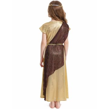 Girls Egyptian Queen Costume - Gold & Brown Cleopatra Dress with Crown