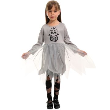 Girls Grim Reaper Ghost Costume - Grey Skull Dress with Hooded Cape