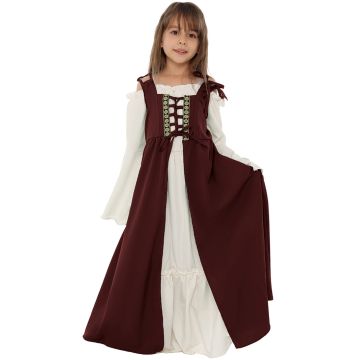 Girls medieval princess costume with burgundy overdress and cream chemise
