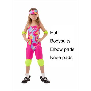 Girls 80s Retro Workout Costume - Neon Aerobics Bodysuit with Visor & Pads
