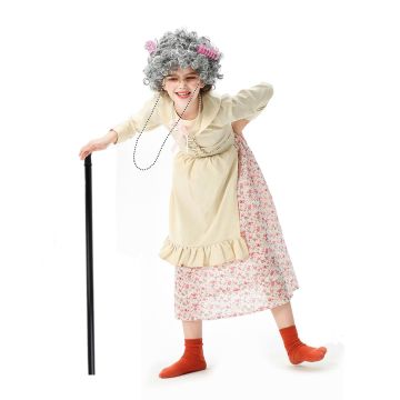 Kids granny costume with floral dress apron and gray curly wig