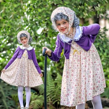 Kids grandma costume set with floral dress, purple jacket and grey wig