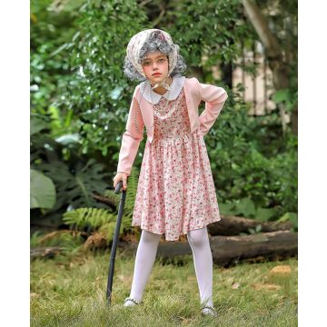 Kids grandma costume set with floral dress, pink cardigan and gray curly wig
