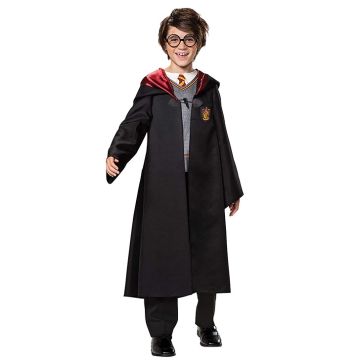 Kids wizard school robe costume with black robe, printed tie top and pants