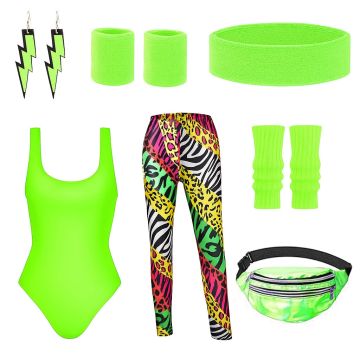 Womens 80s Aerobics Costume - Neon Green Bodysuit with Animal Print Leggings