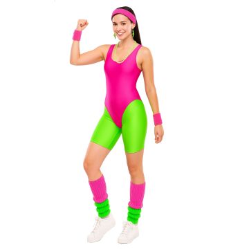80s workout costume showing two-tone leg warmers and retro accessories