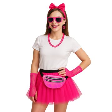Womens 80s Costume Accessory Set - Pink Tutu Neon Party Kit