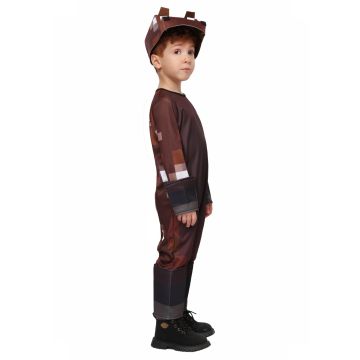 Kids Block Horse Costume - Pixelated Brown Gaming Jumpsuit with 3D Headpiece