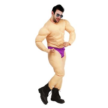 Adult muscle costume padded jumpsuit with purple briefs front view
