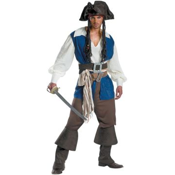 Adult mens pirate costume with blue vest and tricorn hat