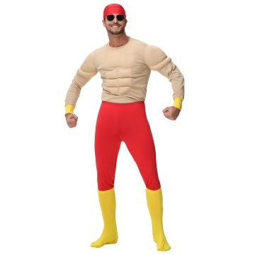 Strongman Costumes Adult - Padded Muscle Suit with Red Pants & Bandana