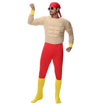 Strongman Costumes Adult - Padded Muscle Suit with Red Pants & Bandana
