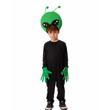 Kids alien costume with oversized green head and black jumpsuit front view