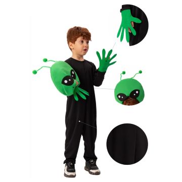 Kids Alien Costume with Oversized Head and Antennae - Green Space Creature Jumpsuit