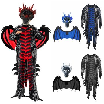 Grey dragon warrior costume with 3D spine spikes and snakeskin print accents