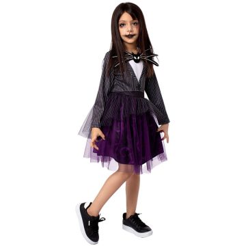 Girls gothic skeleton dress with black pinstripe bodice and purple tutu skirt