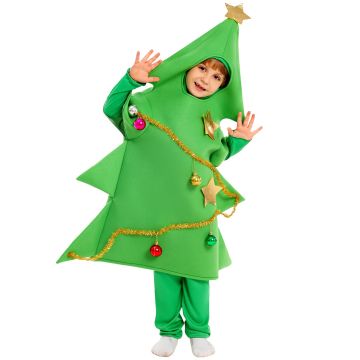 Child wearing green Christmas tree costume tunic with star topper and baubles
