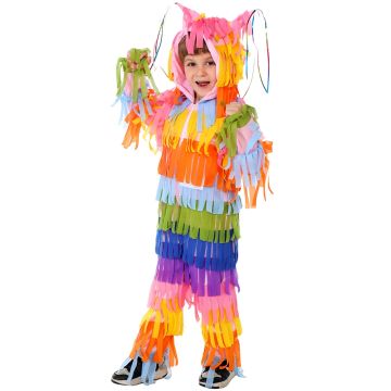 Kids rainbow piñata costume with layered tissue paper fringe and hood